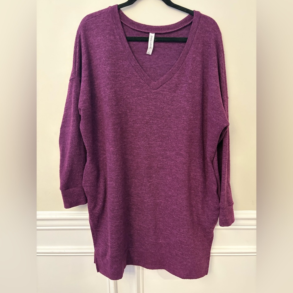 Zenana Outfitters V-Neck Sweater in Rich Purple - Tunic with pockets!